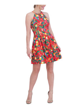 Vince Camuto Size 4 Citrus Print Red Scuba Crepe Halter Sleeveless Dress NWT